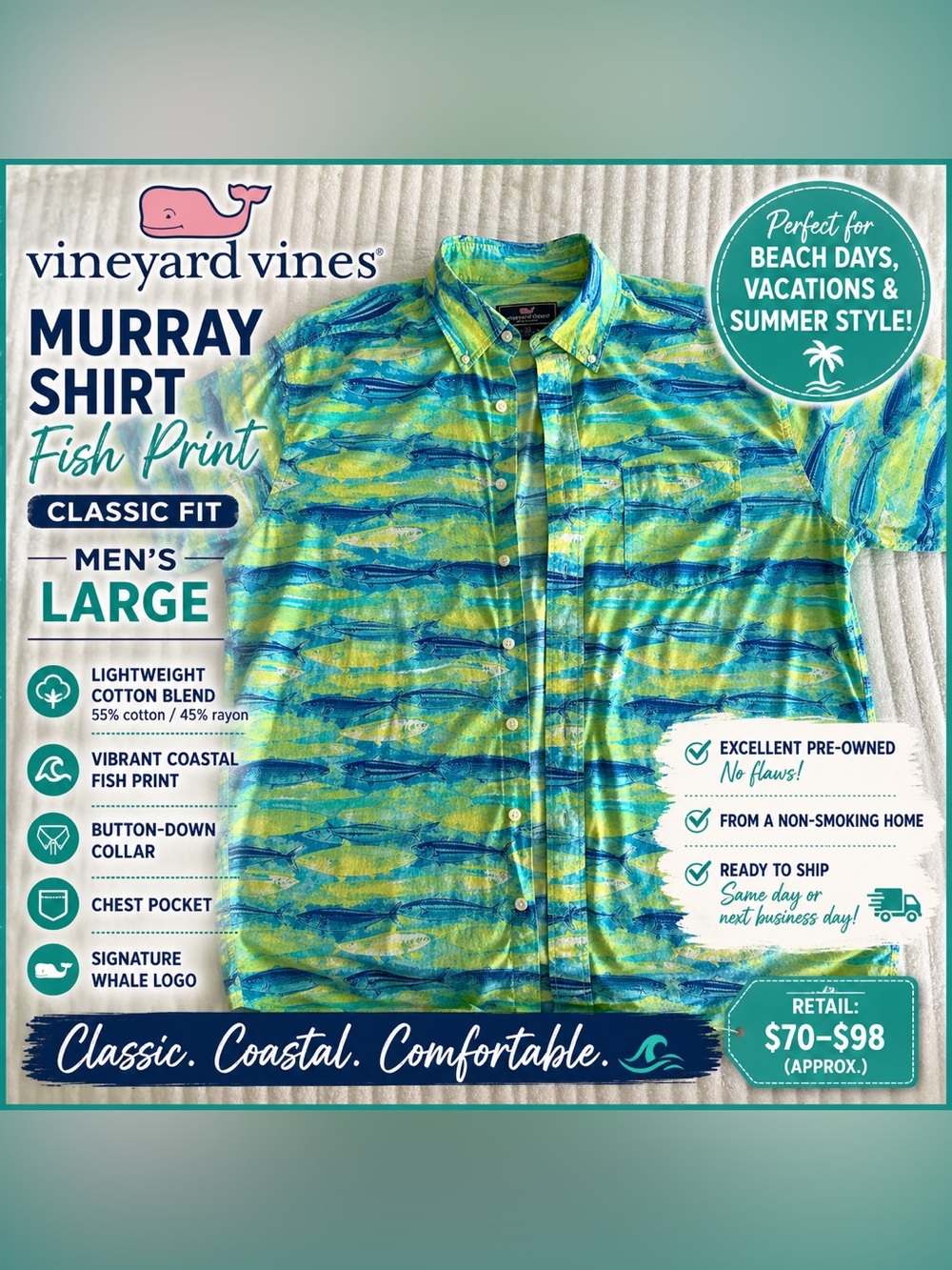 Vineyard Vines Murray Shirt Fish Print | Classic Fit Button Down | L
